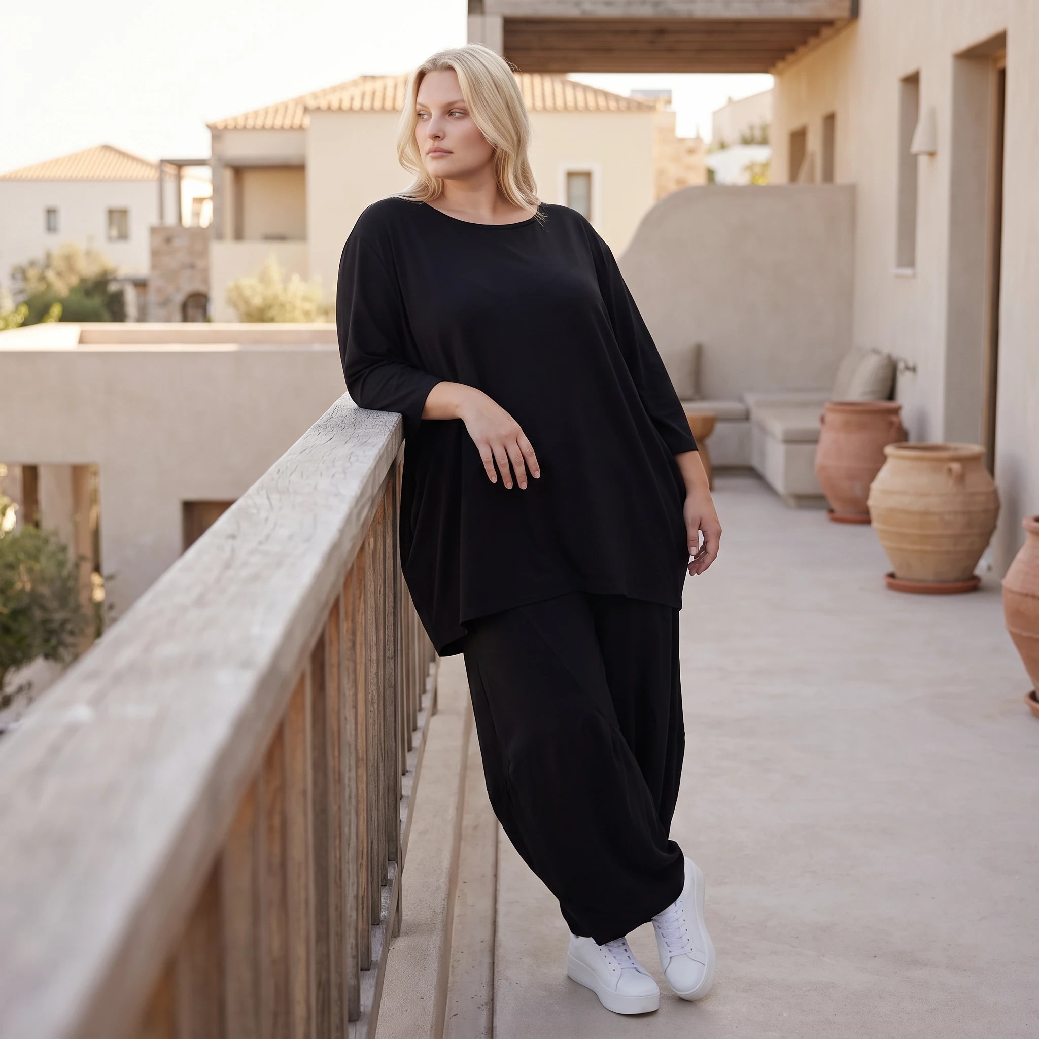 Damen Shirt Lagenlook Lyocell Schwarz, A-Linie, 3/4-Arm, Oversize große Größen – AKH Premium
