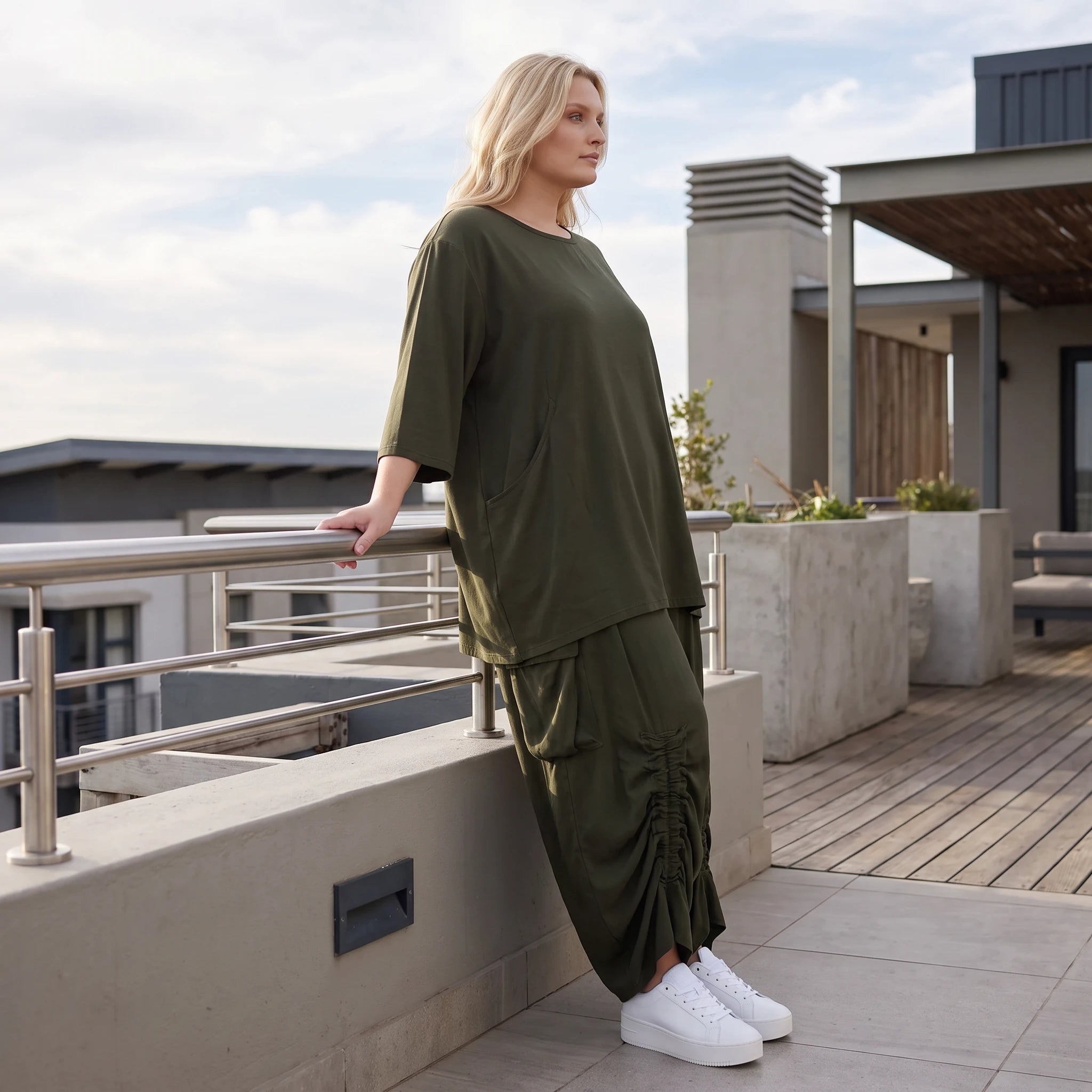 Damen Shirt Lagenlook Lyocell Khaki, A-Linie, 3/4-Arm, Oversize große Größen – AKH Premium