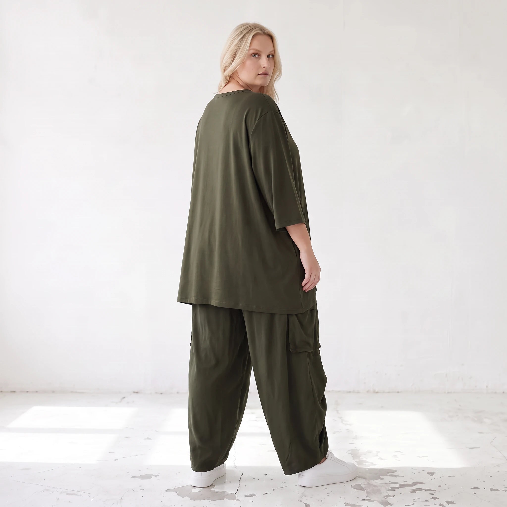 Damen Shirt Lagenlook Lyocell Khaki, A-Linie, 3/4-Arm, Oversize große Größen – AKH Premium