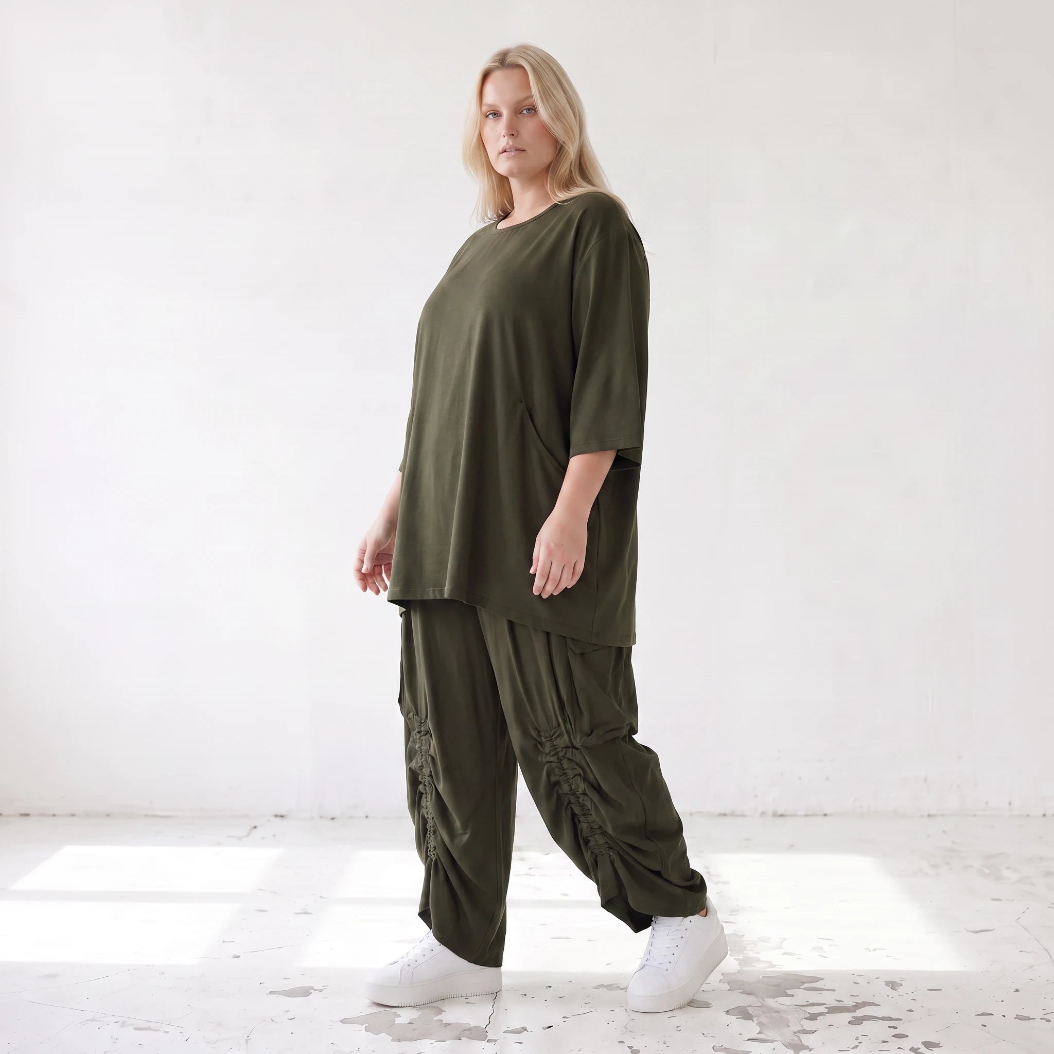Damen Shirt Lagenlook Lyocell Khaki, A-Linie, 3/4-Arm, Oversize große Größen – AKH Premium