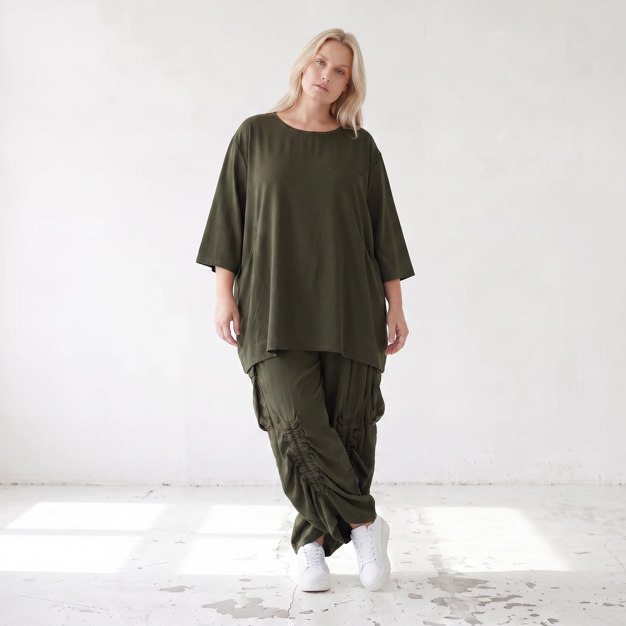 Damen Shirt Lagenlook Lyocell Khaki, A-Linie, 3/4-Arm, Oversize große Größen – AKH Premium
