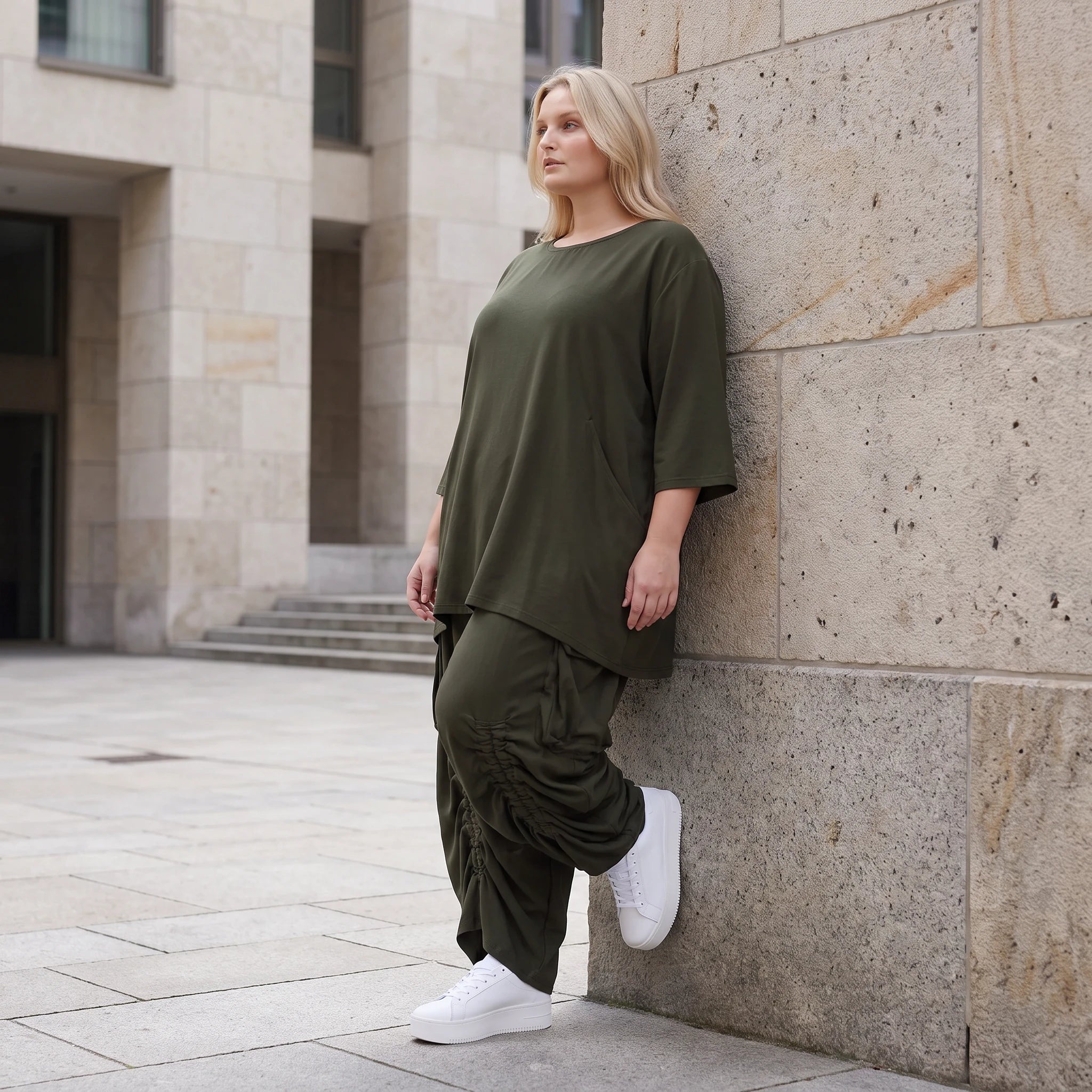 Damen Shirt Lagenlook Lyocell Khaki, A-Linie, 3/4-Arm, Oversize große Größen – AKH Premium