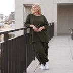 Damen Shirt Lagenlook Lyocell Khaki, A-Linie, 3/4-Arm, Oversize große Größen – AKH Premium