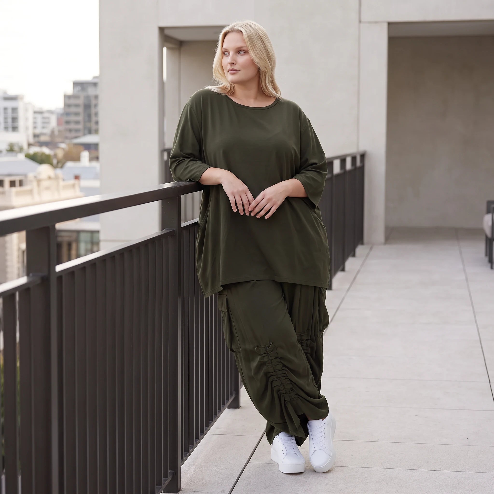 Damen Shirt Lagenlook Lyocell Khaki, A-Linie, 3/4-Arm, Oversize große Größen – AKH Premium