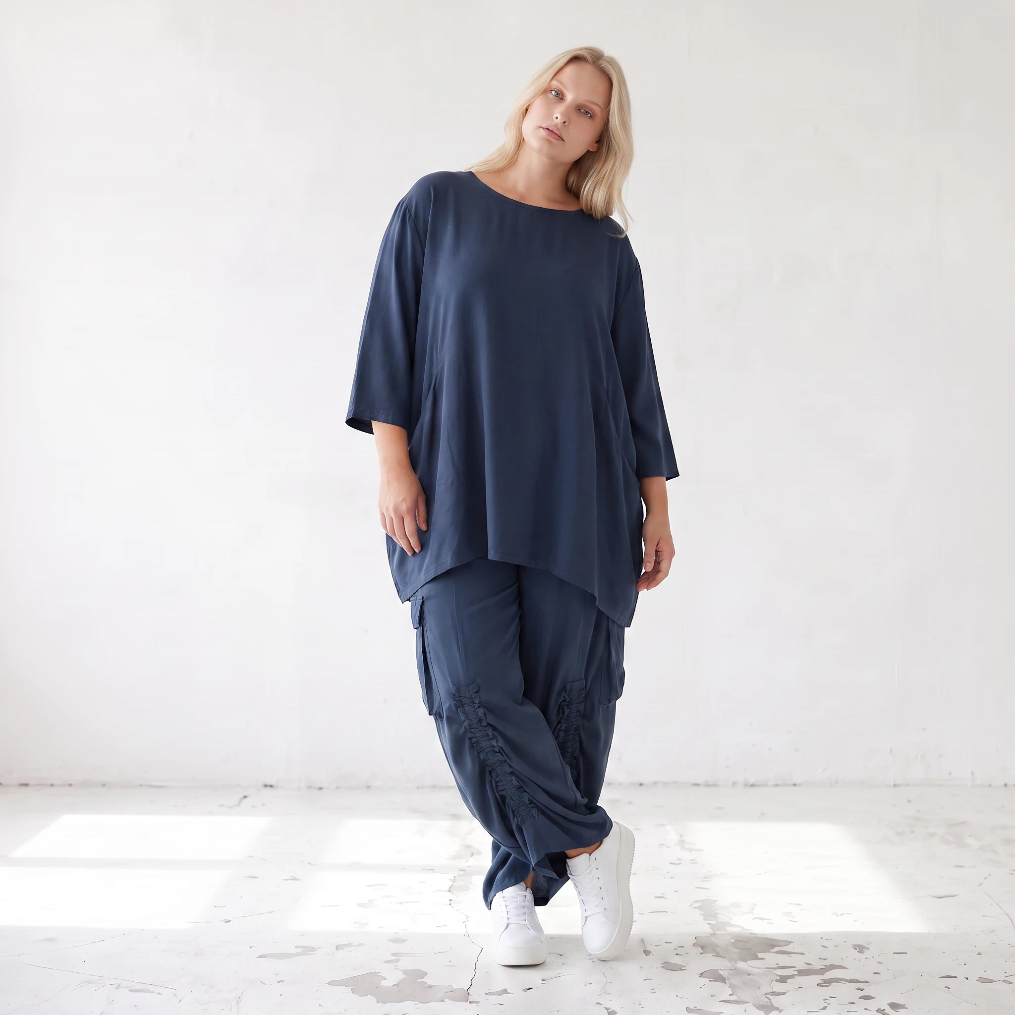 Damen Shirt Lagenlook Lyocell Petrol, A-Linie, 3/4-Arm, Oversize große Größen – AKH Premium