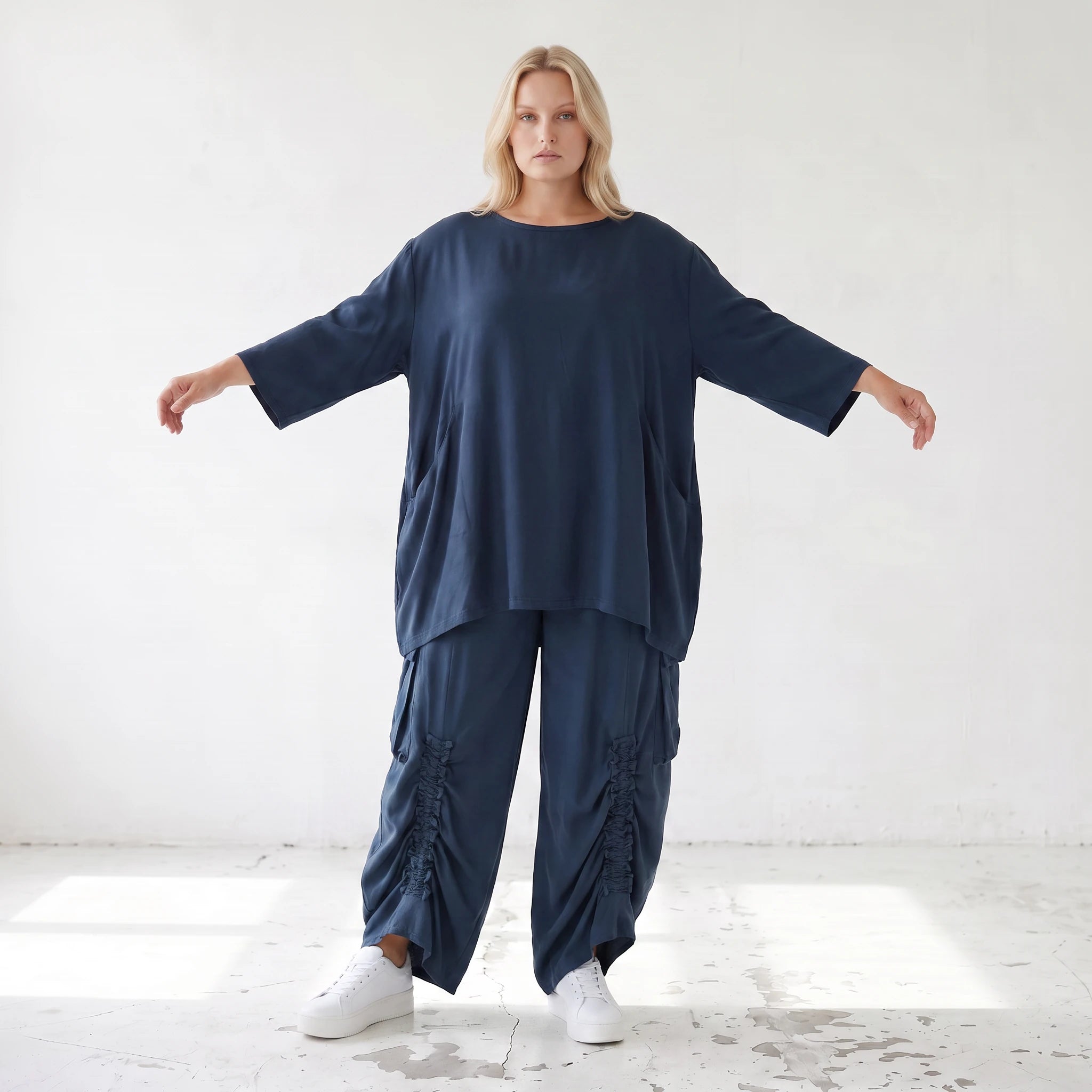 Damen Shirt Lagenlook Lyocell Petrol, A-Linie, 3/4-Arm, Oversize große Größen – AKH Premium