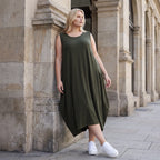 Damen Kleid Lagenlook Lyocell Khaki, Ballonschnitt, Flügeltaschen, Oversize große Größen – AKH Premium