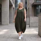 Damen Kleid Lagenlook Lyocell Khaki, Ballonschnitt, Flügeltaschen, Oversize große Größen – AKH Premium