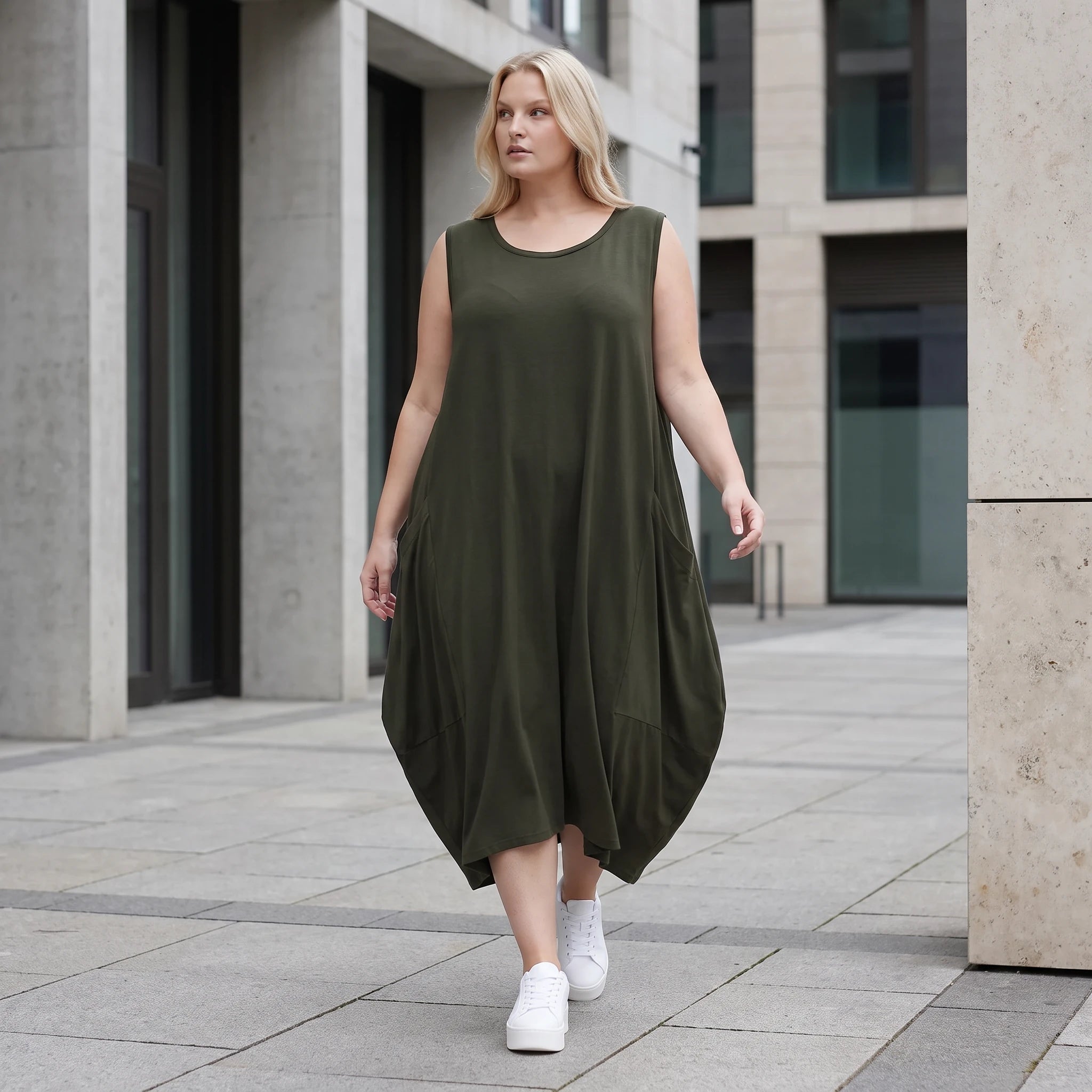 Damen Kleid Lagenlook Lyocell Khaki, Ballonschnitt, Flügeltaschen, Oversize große Größen – AKH Premium