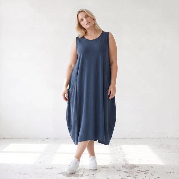 Damen Kleid Lagenlook Lyocell Petrol, Ballonschnitt, ärmellos, Flügeltaschen, Oversize große Größen – AKH Premium