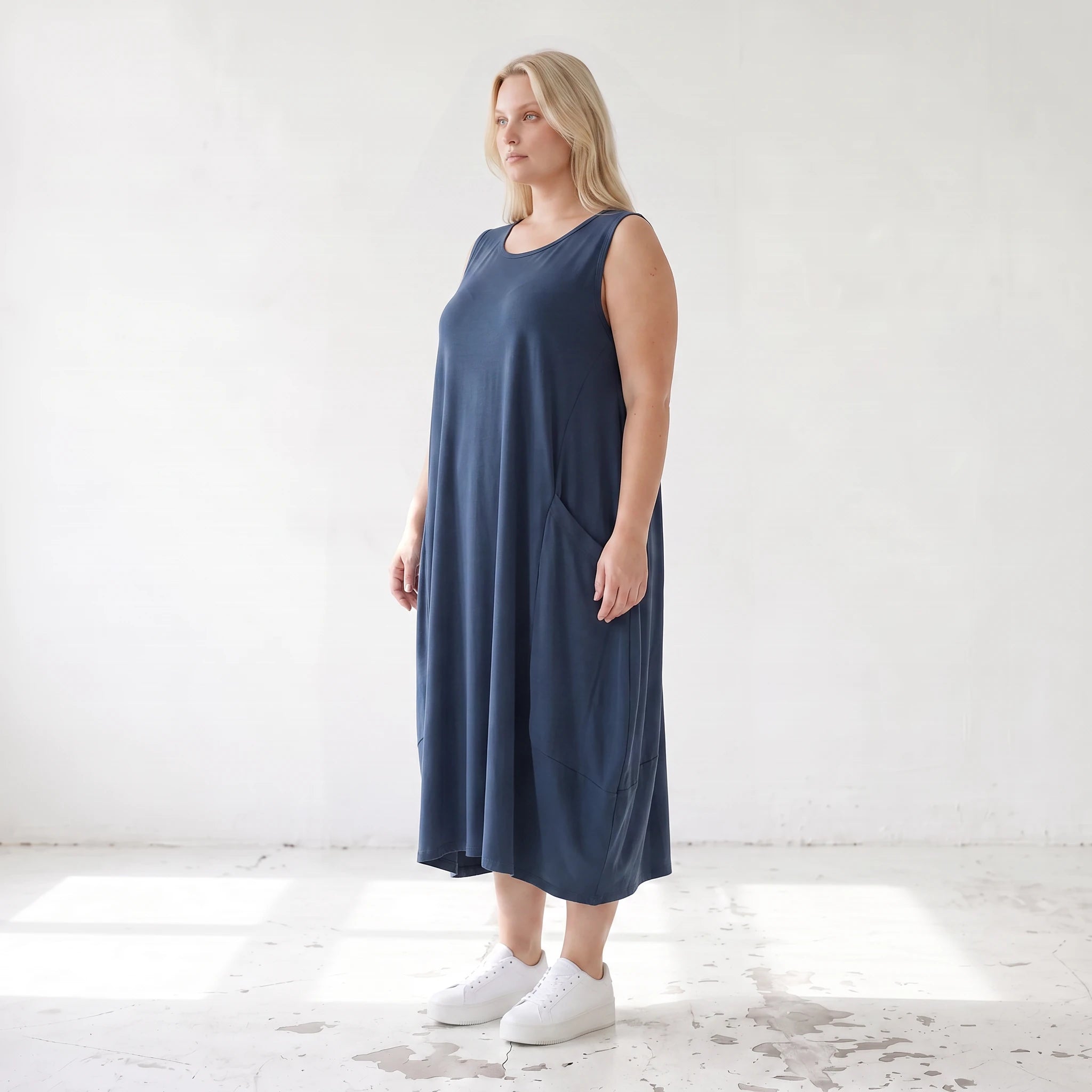 Damen Kleid Lagenlook Lyocell Petrol, Ballonschnitt, ärmellos, Flügeltaschen, Oversize große Größen – AKH Premium
