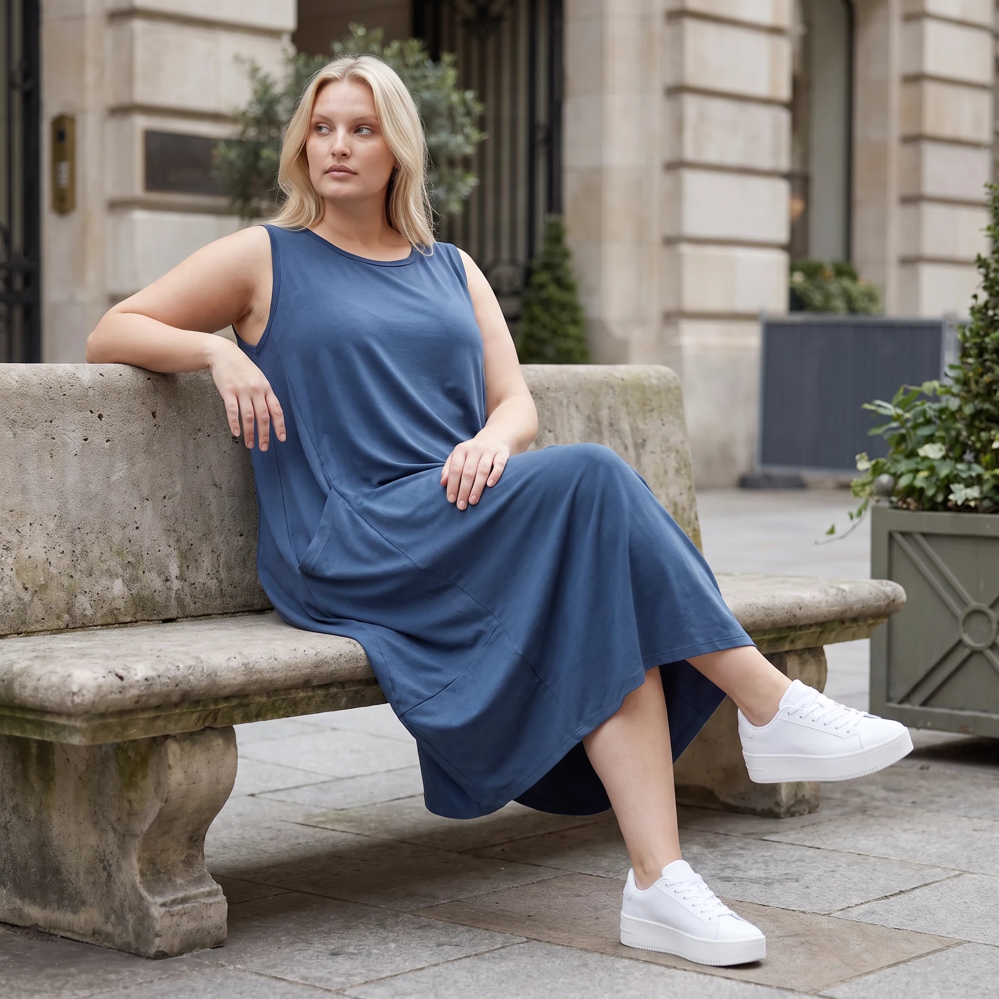 Damen Kleid Lagenlook Lyocell Petrol, Ballonschnitt, ärmellos, Flügeltaschen, Oversize große Größen – AKH Premium