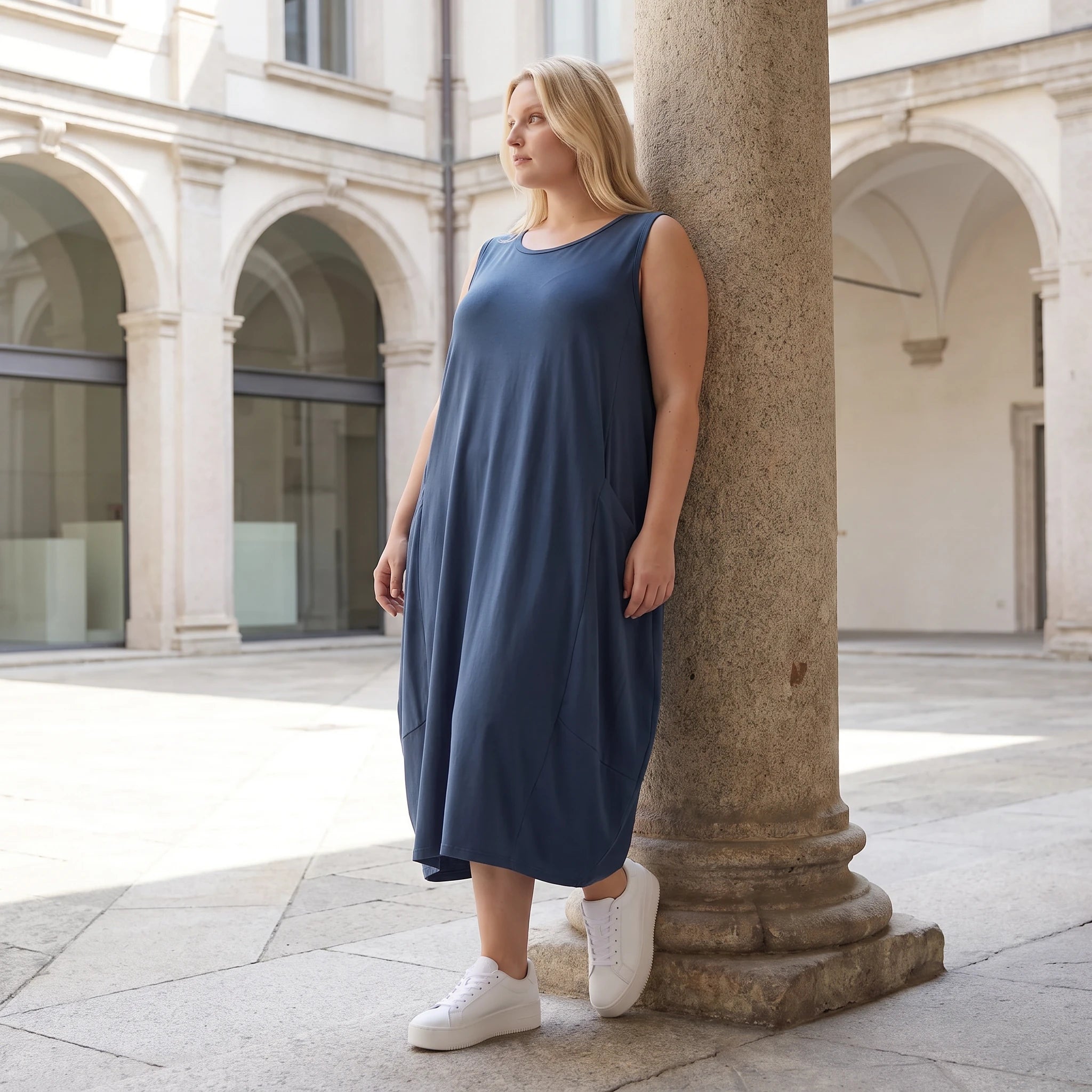 Damen Kleid Lagenlook Lyocell Petrol, Ballonschnitt, ärmellos, Flügeltaschen, Oversize große Größen – AKH Premium