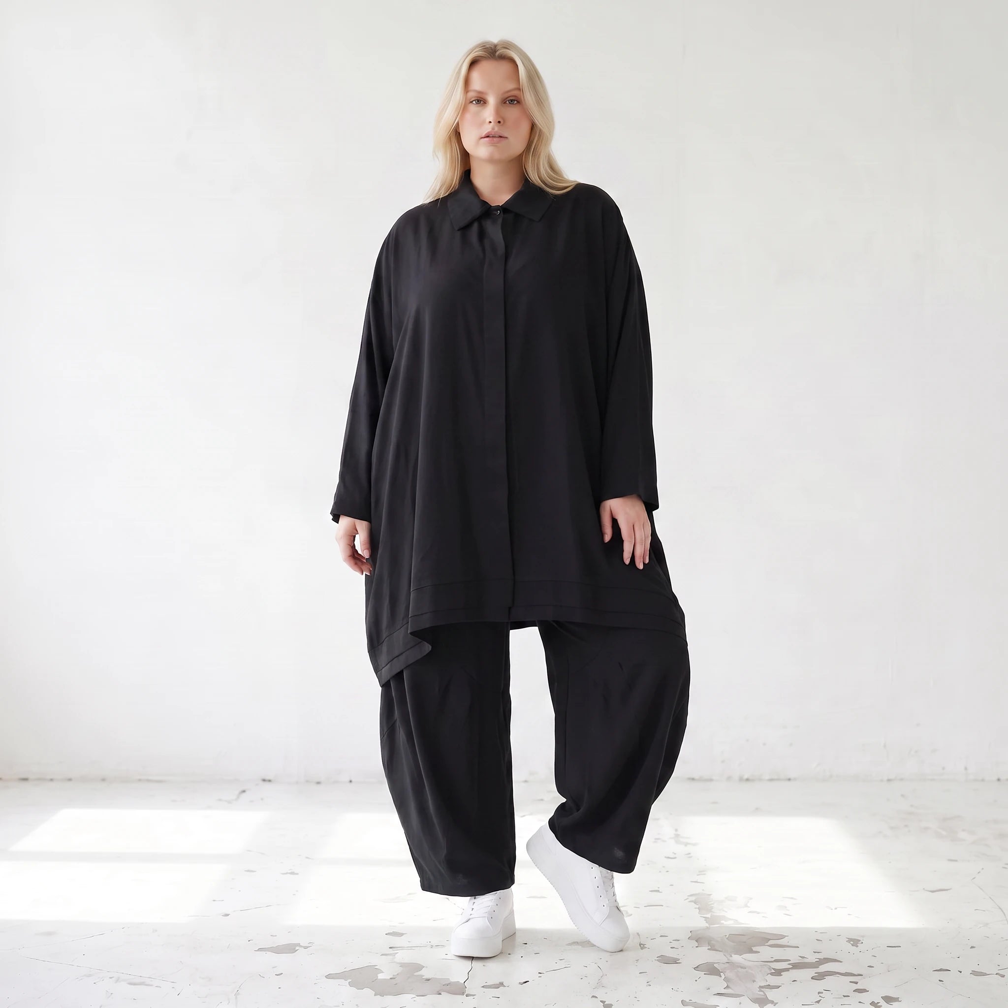 Damen Bluse Lagenlook Lyocell Schwarz, A-Linie, Knopfleiste, Oversize große Größen – AKH Premium