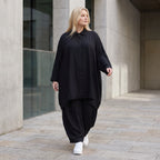 Damen Bluse Lagenlook Lyocell Schwarz, A-Linie, Knopfleiste, Oversize große Größen – AKH Premium