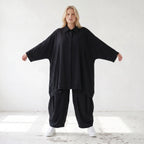 Damen Bluse Lagenlook Lyocell Schwarz, A-Linie, Knopfleiste, Oversize große Größen – AKH Premium