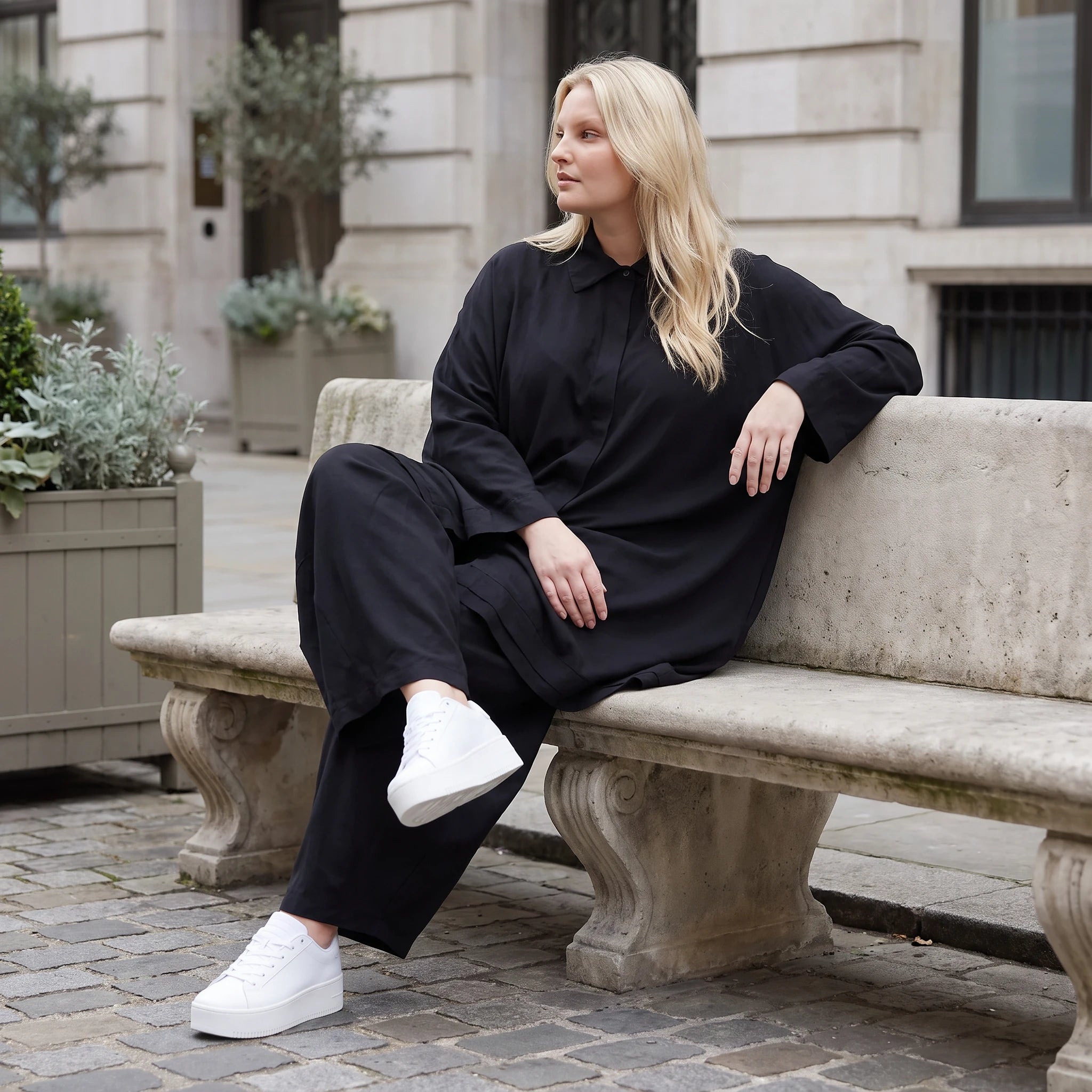 Damen Bluse Lagenlook Lyocell Schwarz, A-Linie, Knopfleiste, Oversize große Größen – AKH Premium