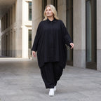 Damen Bluse Lagenlook Lyocell Schwarz, A-Linie, Knopfleiste, Oversize große Größen – AKH Premium