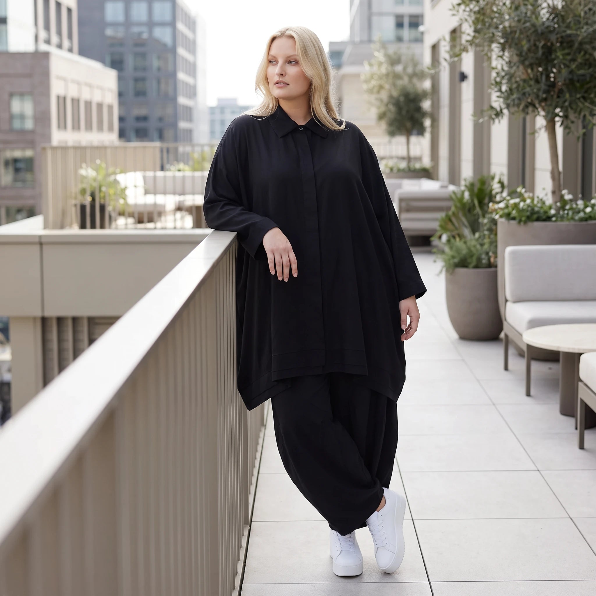 Damen Bluse Lagenlook Lyocell Schwarz, A-Linie, Knopfleiste, Oversize große Größen – AKH Premium