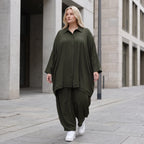 Damen Bluse Lagenlook Lyocell UrbanKhaki, A-Linie, 3/4-Arm, Knopfleiste, Oversize große Größen – AKH Premium