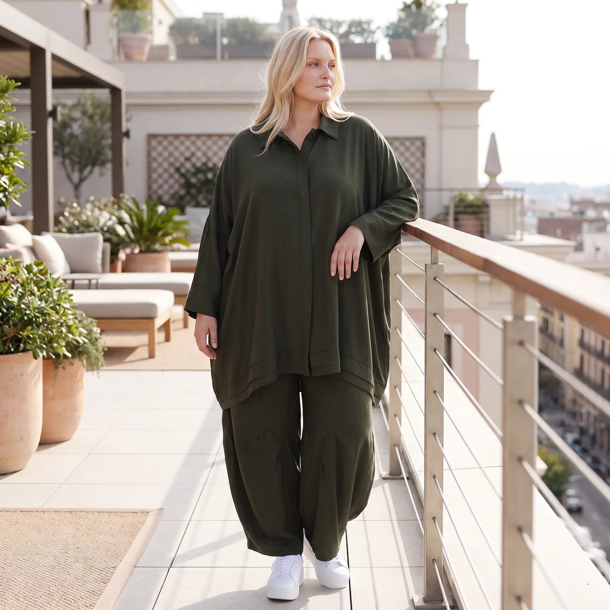 Damen Bluse Lagenlook Lyocell UrbanKhaki, A-Linie, 3/4-Arm, Knopfleiste, Oversize große Größen – AKH Premium