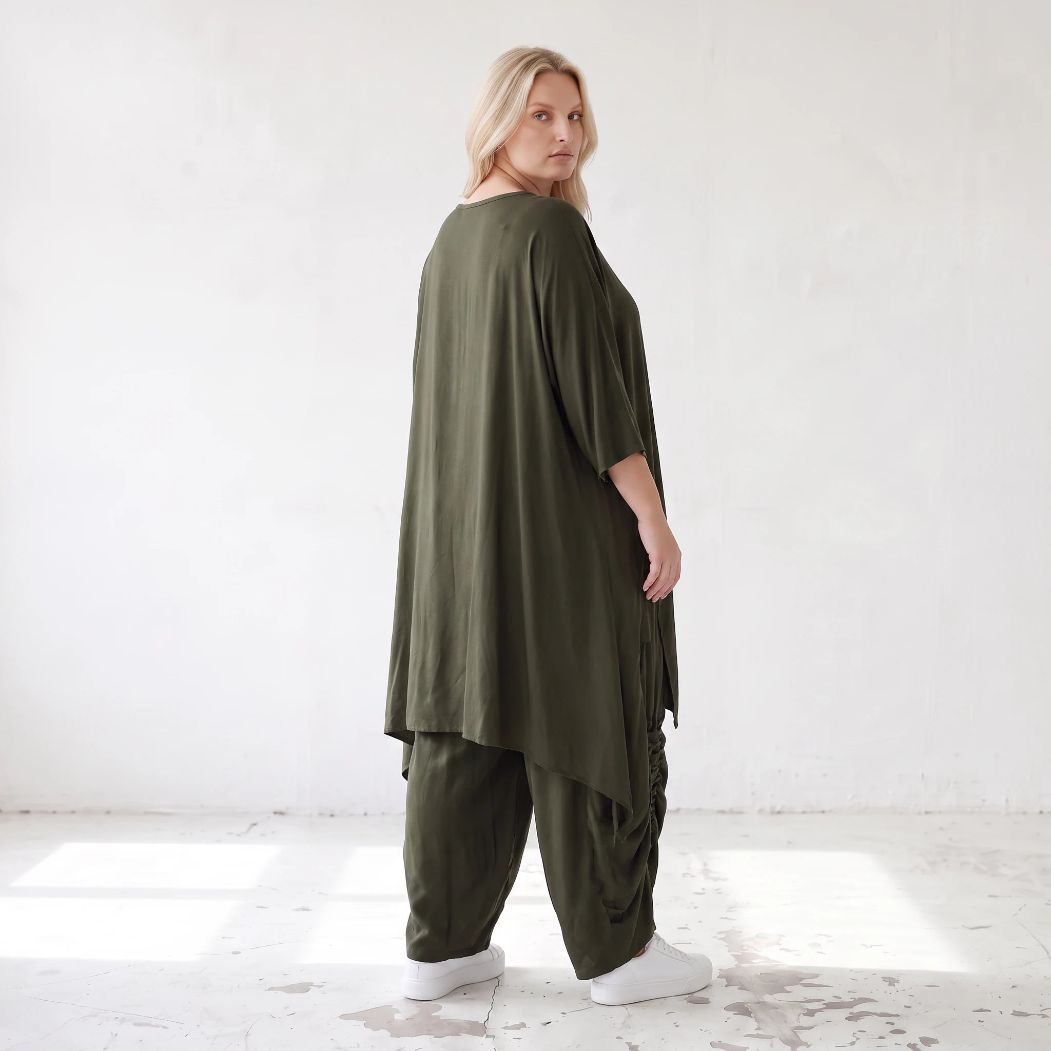 Damen Shirt Lagenlook Lyocell Khaki, A-Linie, Oversize große Größen – AKH Premium