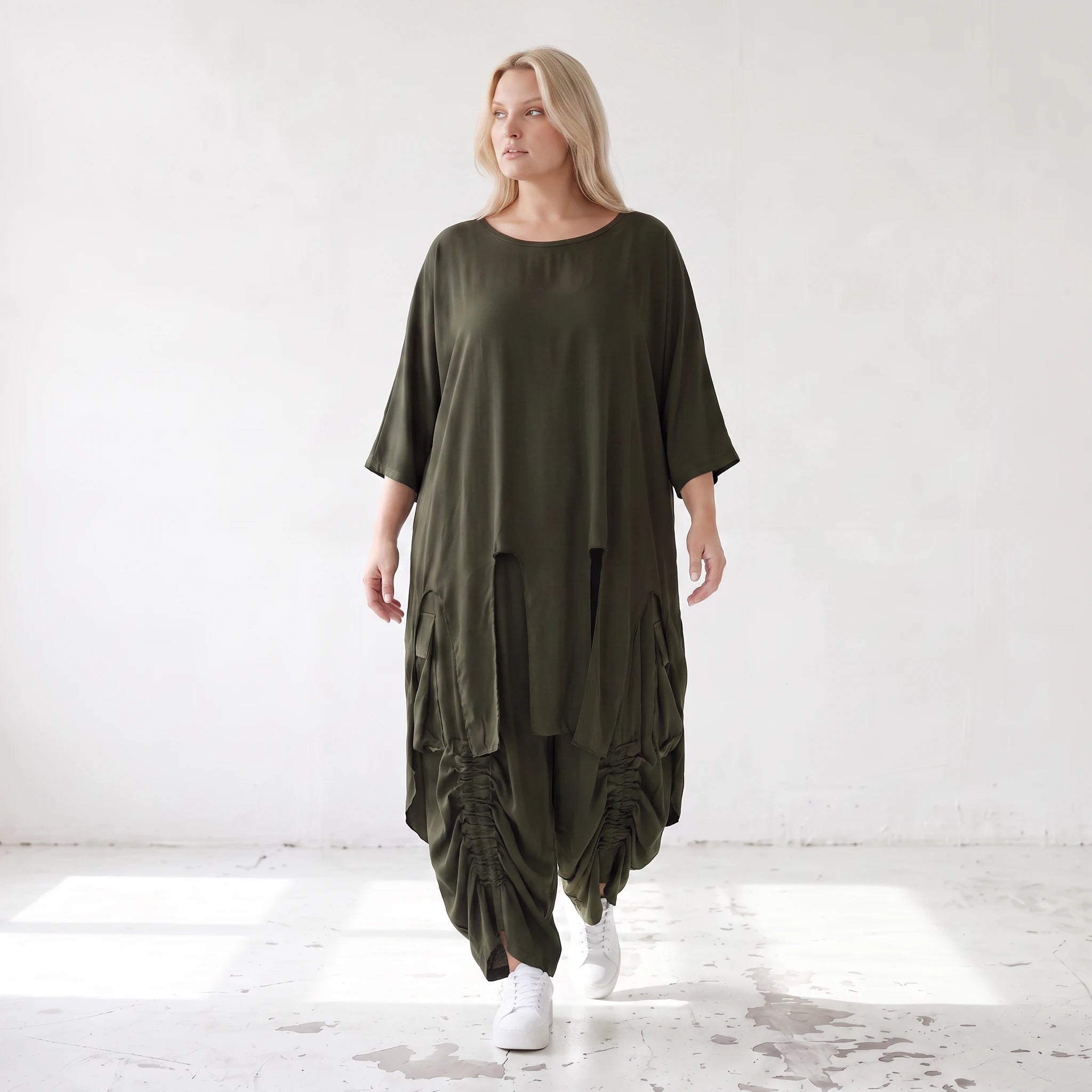 Damen Shirt Lagenlook Lyocell Khaki, A-Linie, Oversize große Größen – AKH Premium