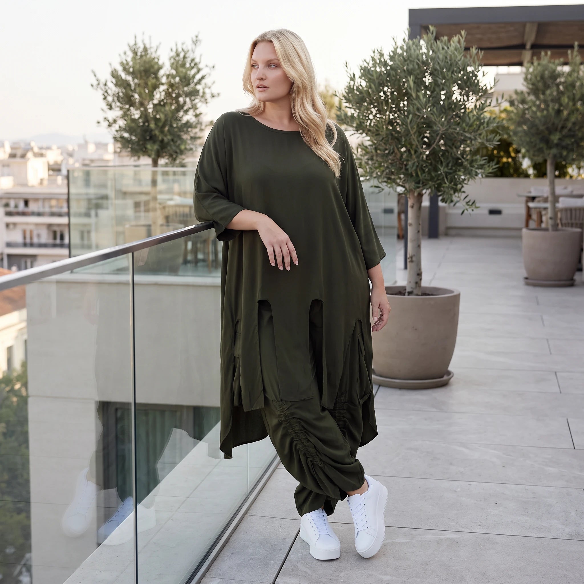 Damen Shirt Lagenlook Lyocell Khaki, A-Linie, Oversize große Größen – AKH Premium