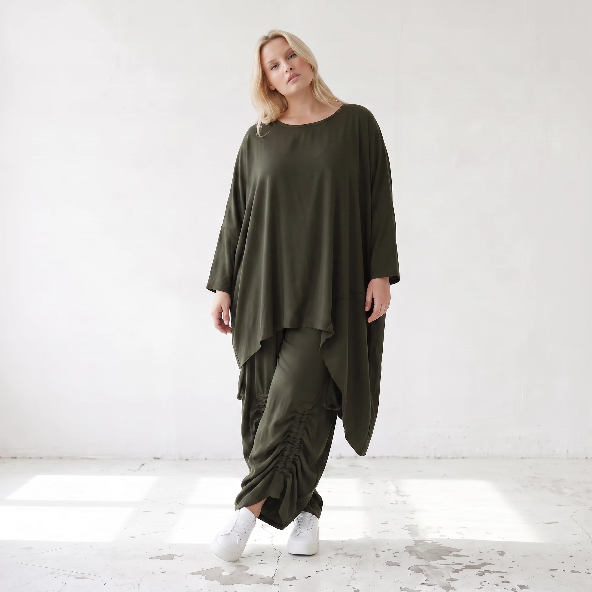 Damen Shirt Lagenlook Lyocell Khaki, gerader Schnitt, Oversize große Größen – AKH Premium