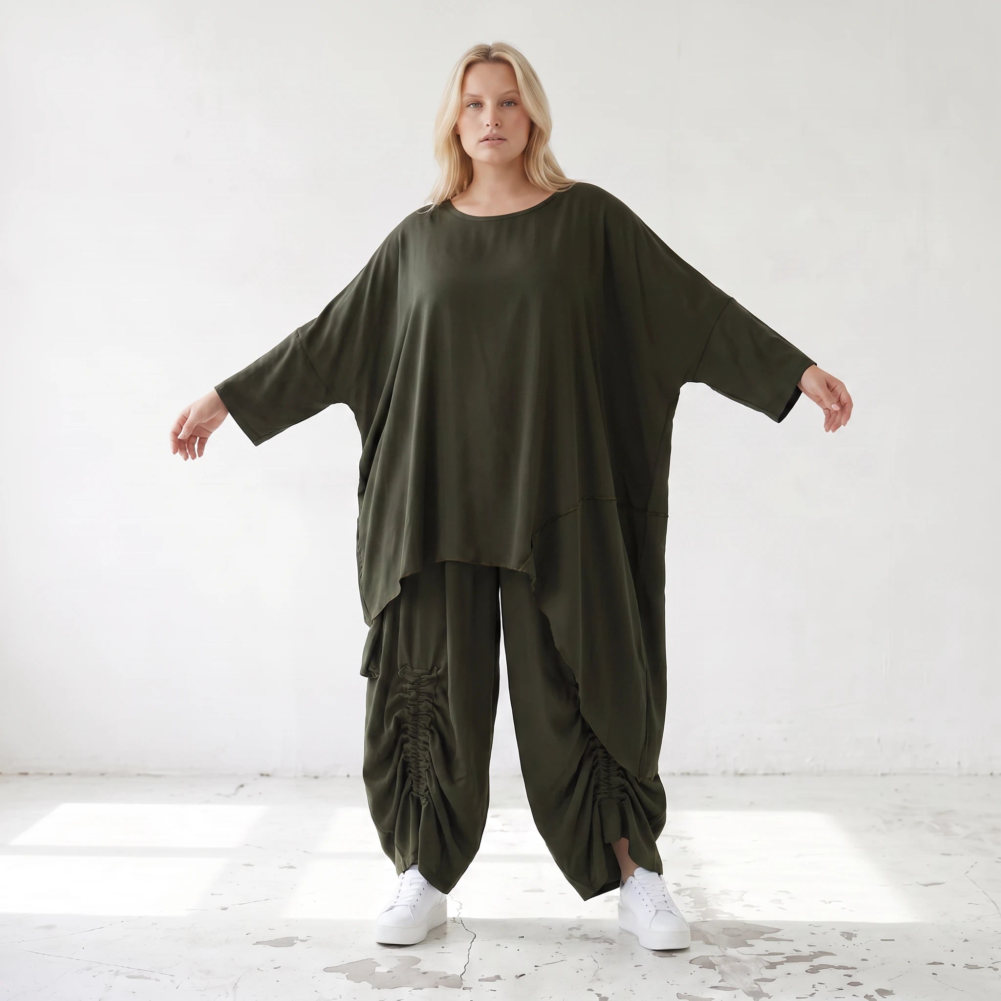 Damen Shirt Lagenlook Lyocell Khaki, gerader Schnitt, Oversize große Größen – AKH Premium