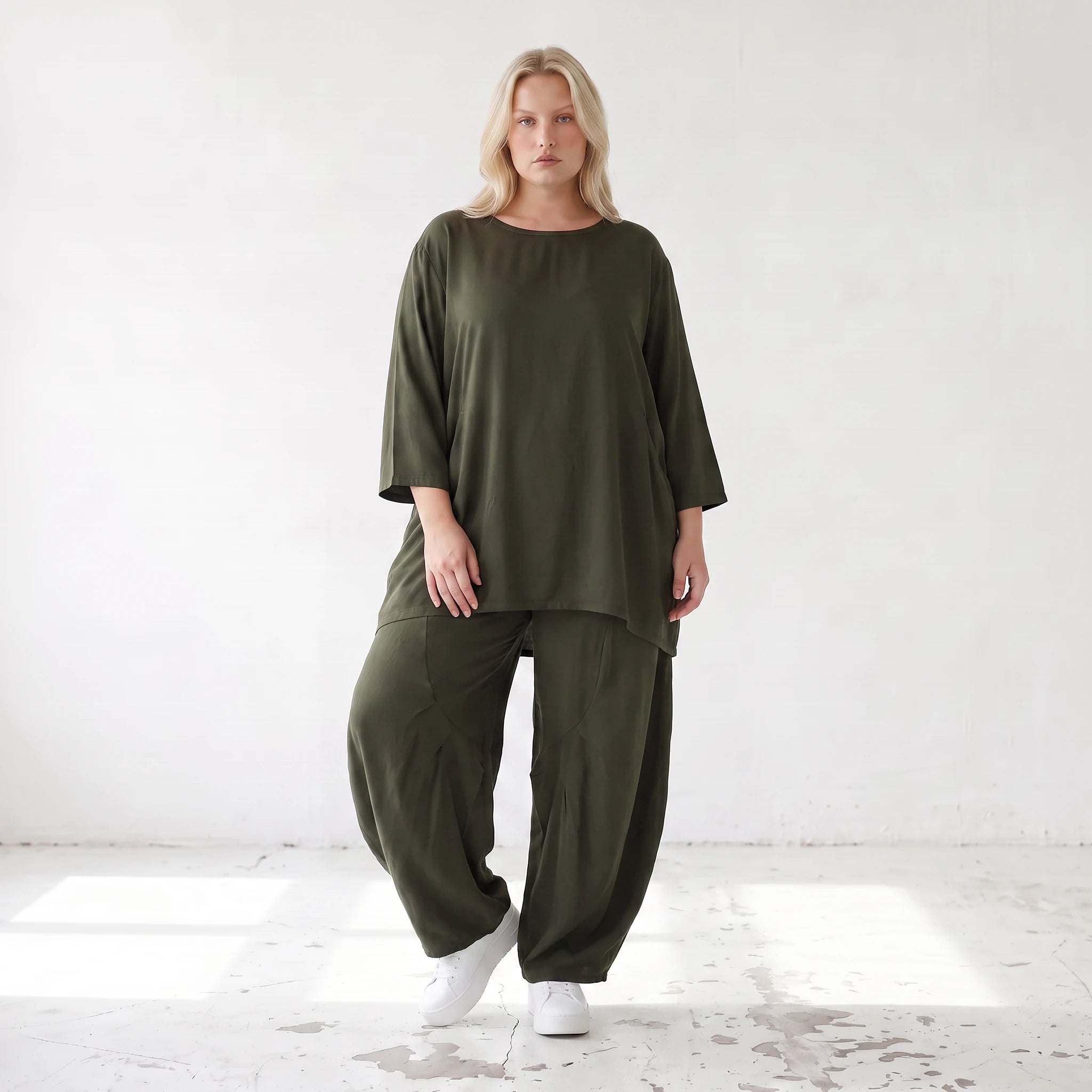 Damen Hose Lagenlook Lyocell Khaki, Ballonschnitt, Oversize große Größen – AKH Premium