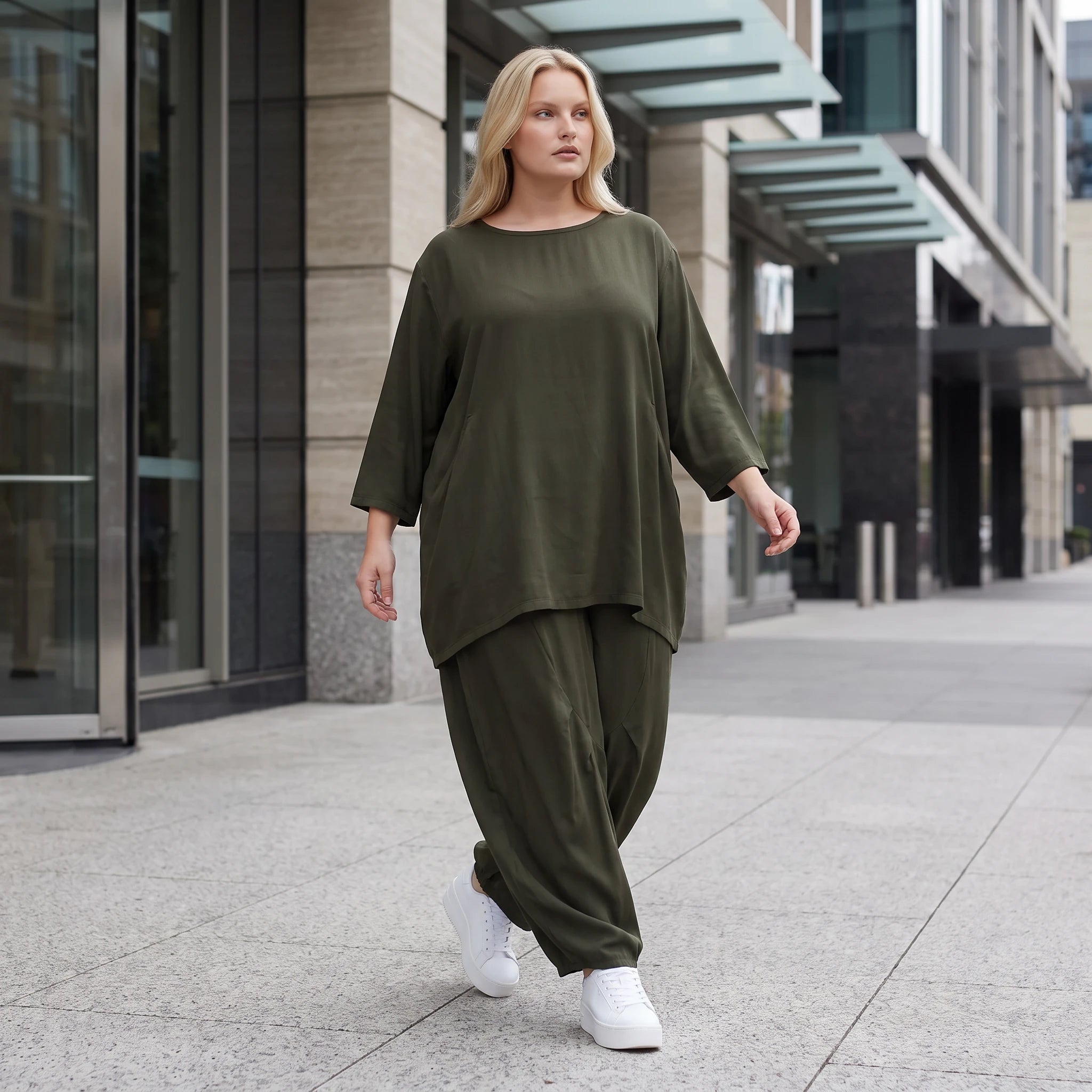 Damen Hose Lagenlook Lyocell Khaki, Ballonschnitt, Oversize große Größen – AKH Premium