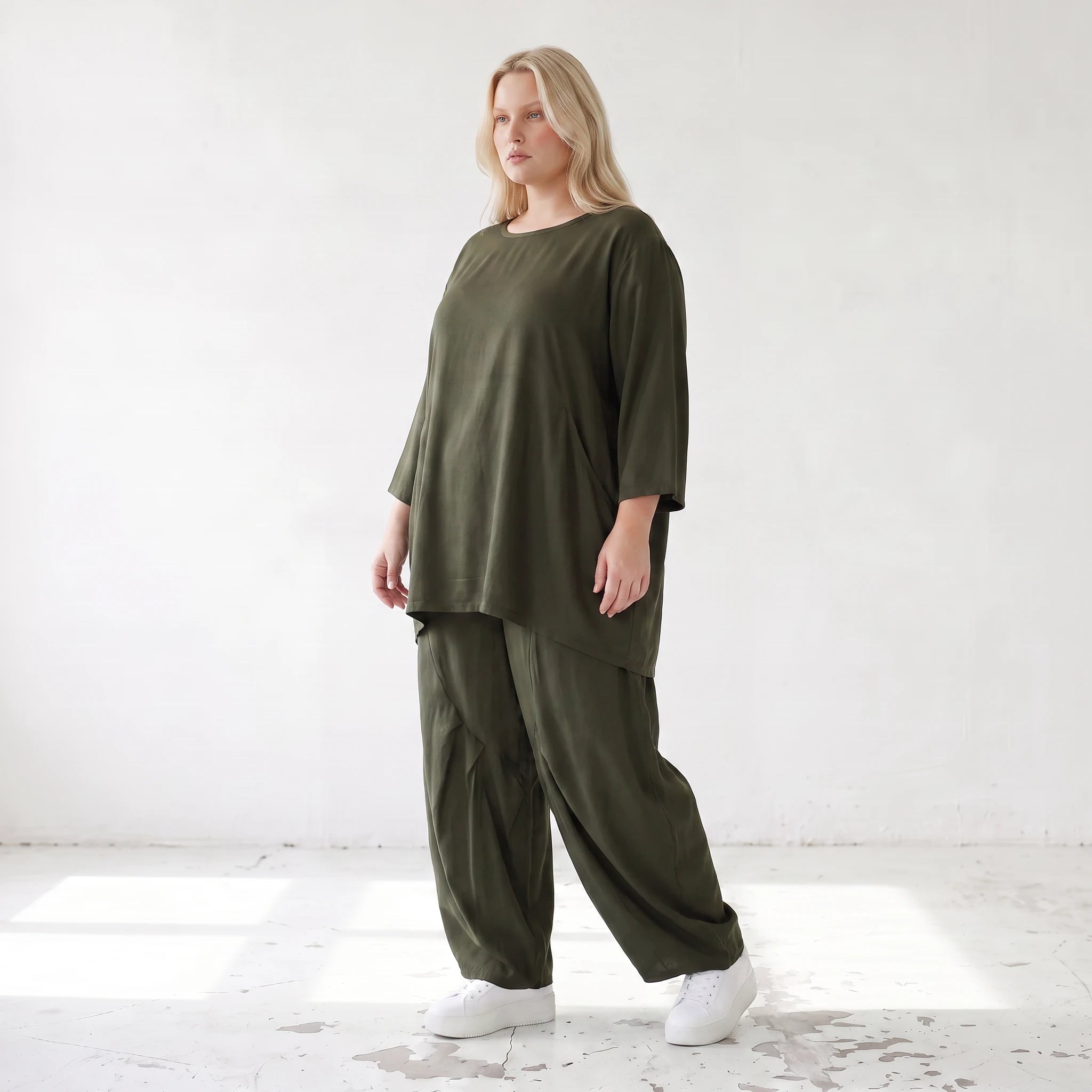 Damen Hose Lagenlook Lyocell Khaki, Ballonschnitt, Oversize große Größen – AKH Premium