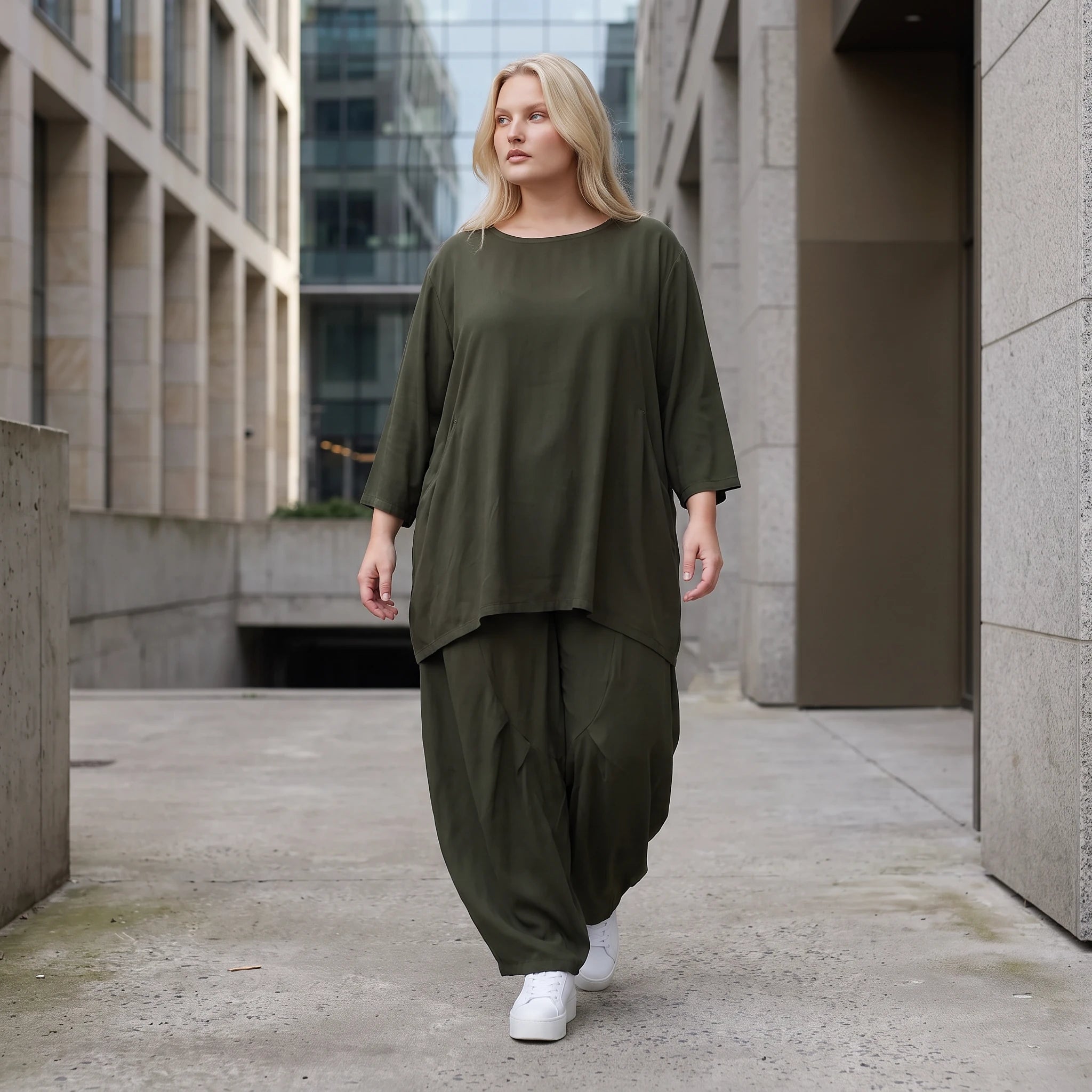 Damen Hose Lagenlook Lyocell Khaki, Ballonschnitt, Oversize große Größen – AKH Premium