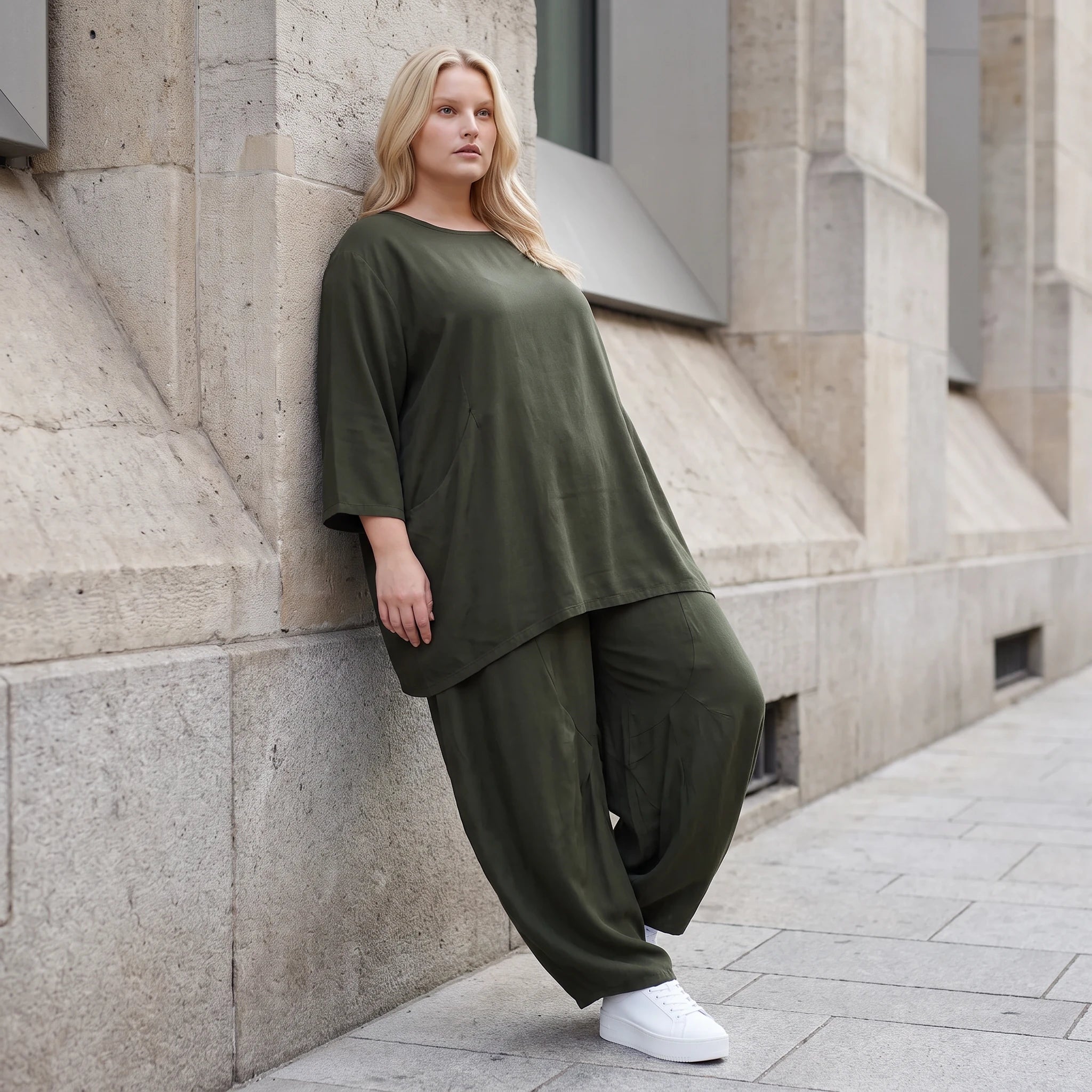 Damen Hose Lagenlook Lyocell Khaki, Ballonschnitt, Oversize große Größen – AKH Premium
