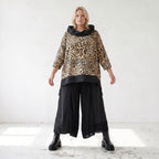 Damen Shirt Lagenlook Viskose Schwarz/Braun, asymmetrisch, Langarm, Kapuze, Oversize große Größen – AKH Premium