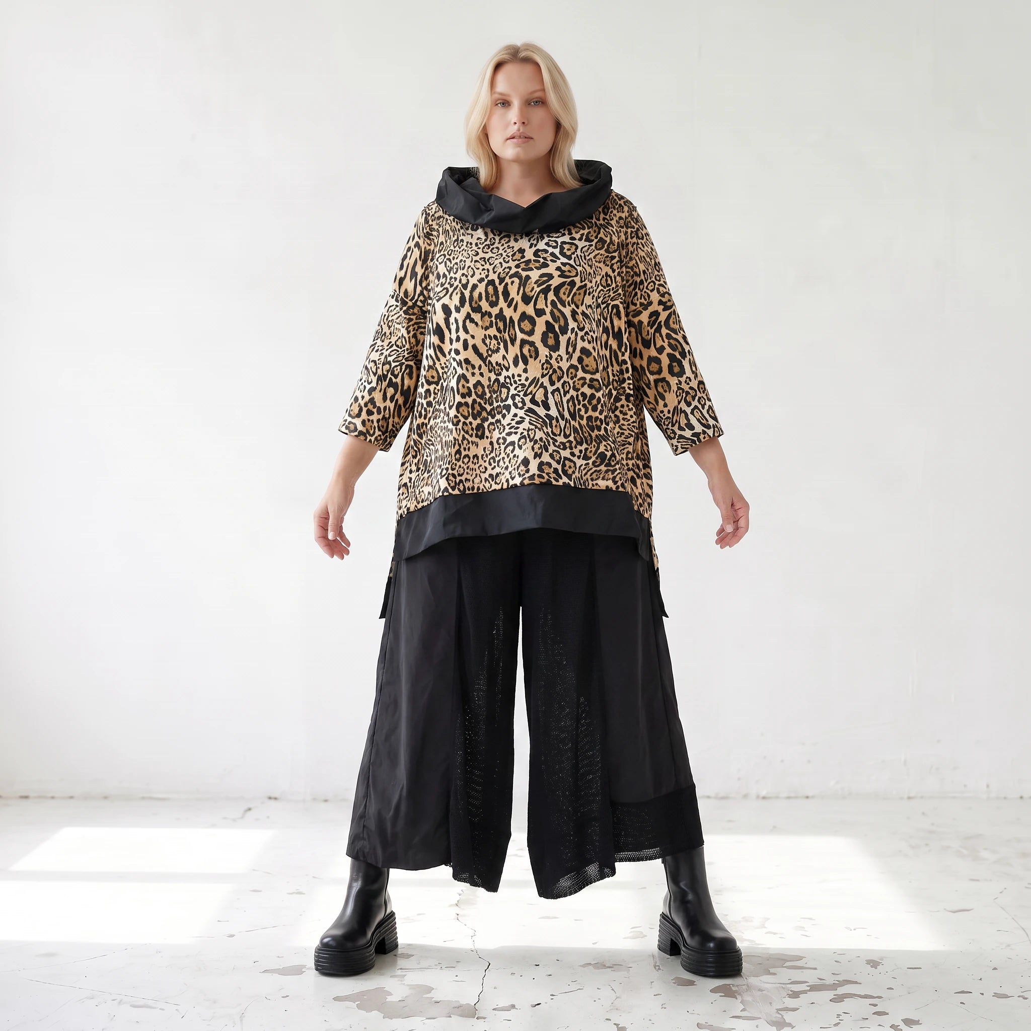 Damen Shirt Lagenlook Viskose Schwarz/Braun, asymmetrisch, Langarm, Kapuze, Oversize große Größen – AKH Premium
