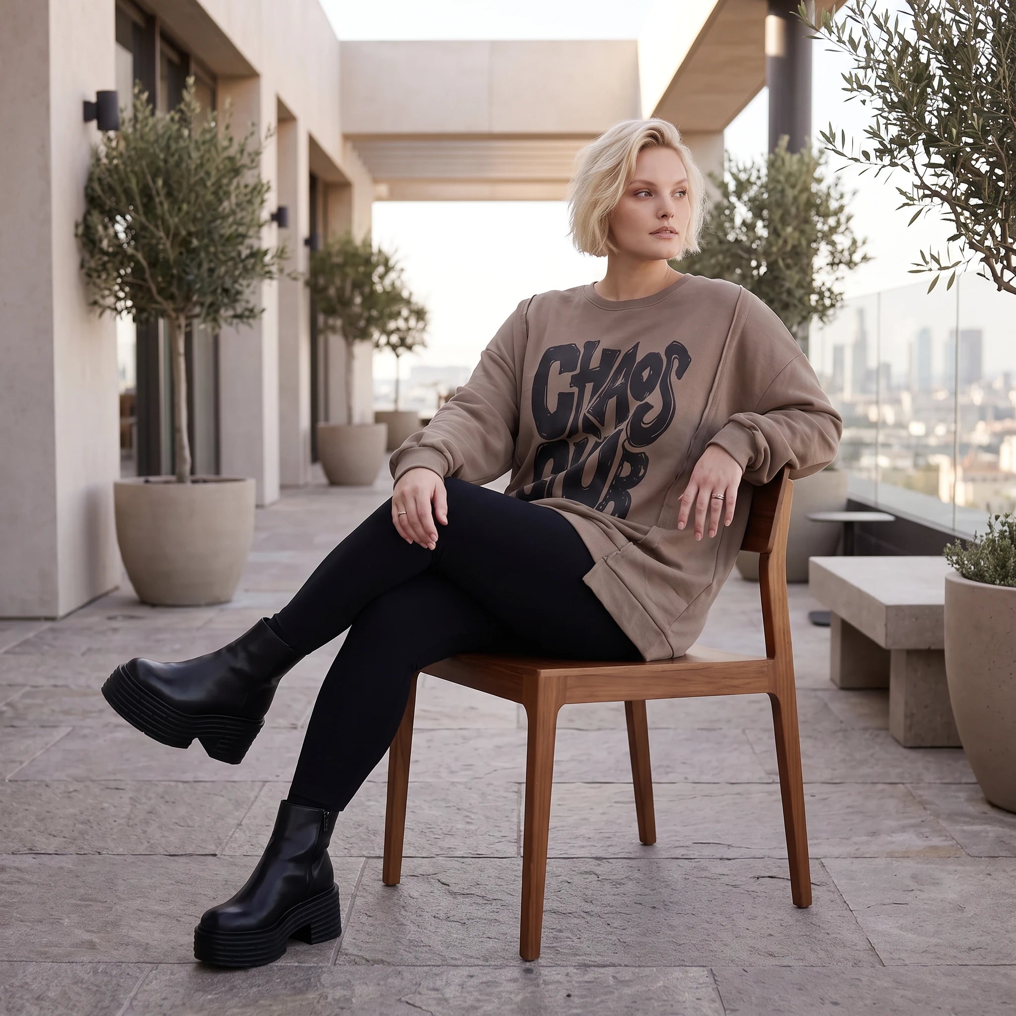 Streetwearshirt mit Chaos Club Print aus French Terry kastig mit Außennähten wärmend