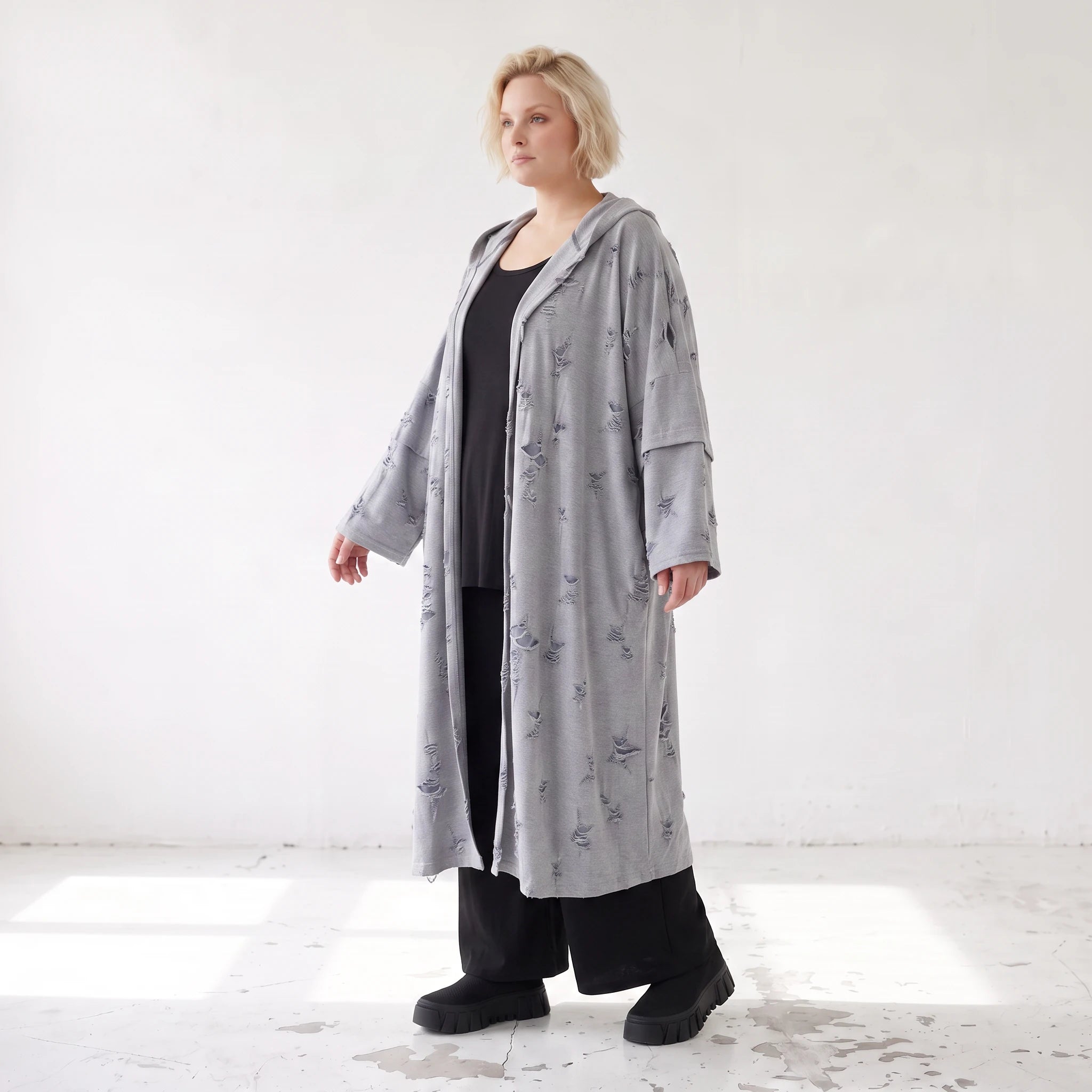 Jerseycardigan in Dusty Grey mit Kapuze aus Baumwolle und Elasthan mit geradem Schnitt