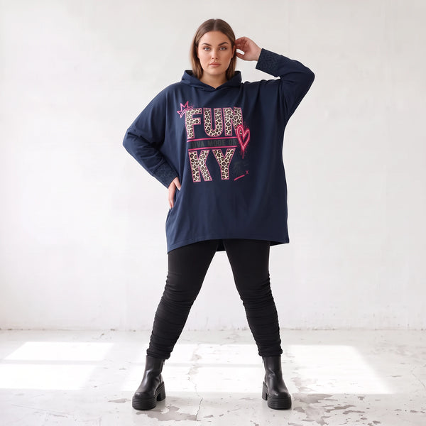 Dunkelblaues Kapuzensweatshirt mit Leoprint aus French Terry mit gerader Silhouette
