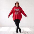 Roter Kapuzenpullover aus French Terry mit Leoprint Seitentaschen und Vokuhilasaum