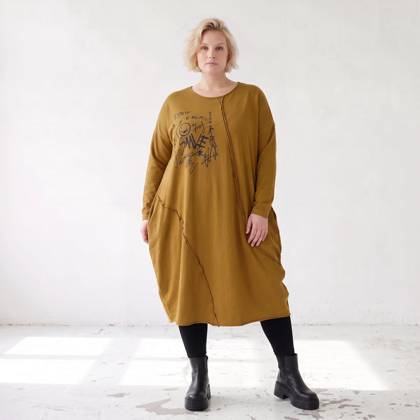 French Terry Kleid in OldCamel mit Elasthan in Ballonform locker weich Made in Italy
