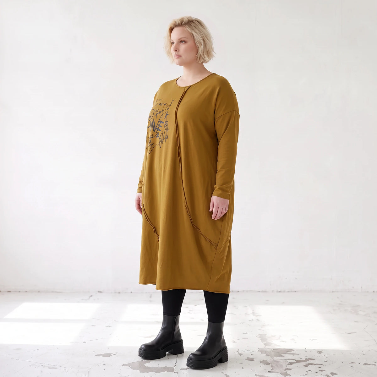 French Terry Kleid in OldCamel mit Elasthan in Ballonform locker weich Made in Italy