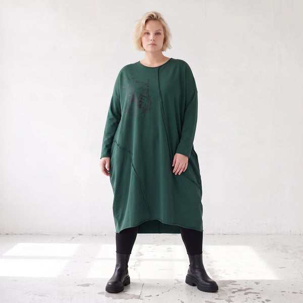Ballonkleid in OldGreen aus French Terry mit Rundhals und Langarm mit Seitennahttaschen