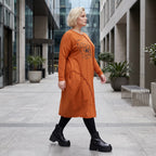 Rostbraunes Ballonkleid aus French Terry mit Stretch und Faltennaht in lässiger Form