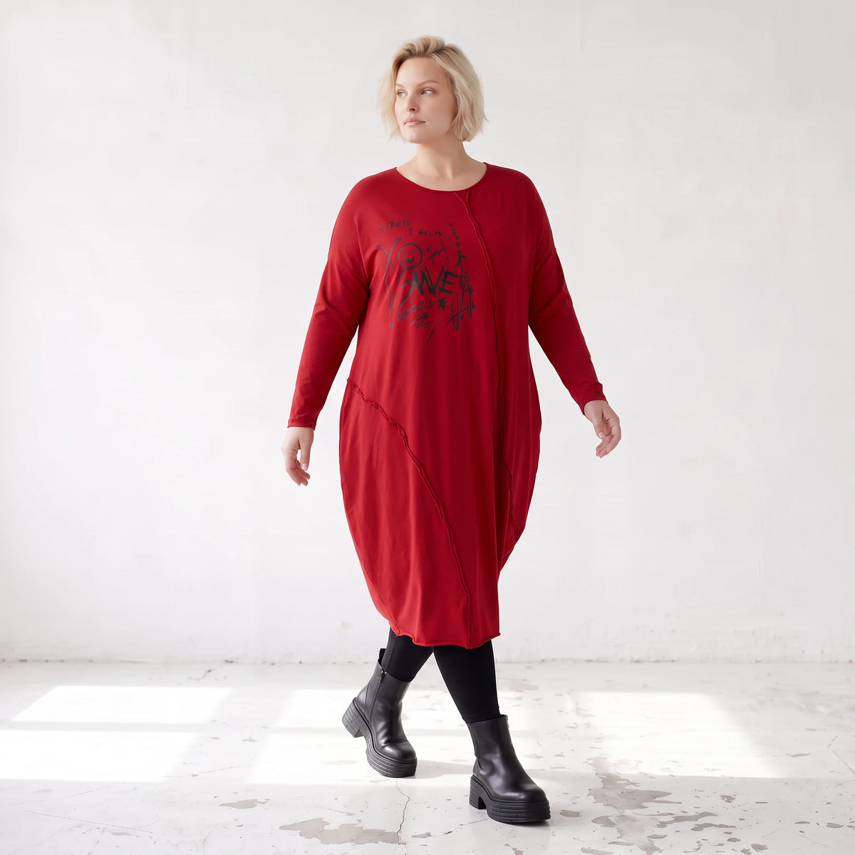 Altrotes French Terry Kleid in Ballonform mit Faltennahtmusterung und Seitentaschen