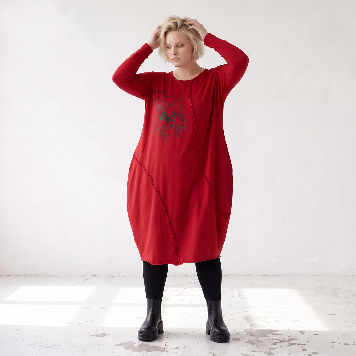Altrotes French Terry Kleid in Ballonform mit Faltennahtmusterung und Seitentaschen