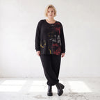 Langarmshirt aus Viskosejersey in Schwarz/Rosa mit geradem Schnitt und Stretchkomfort