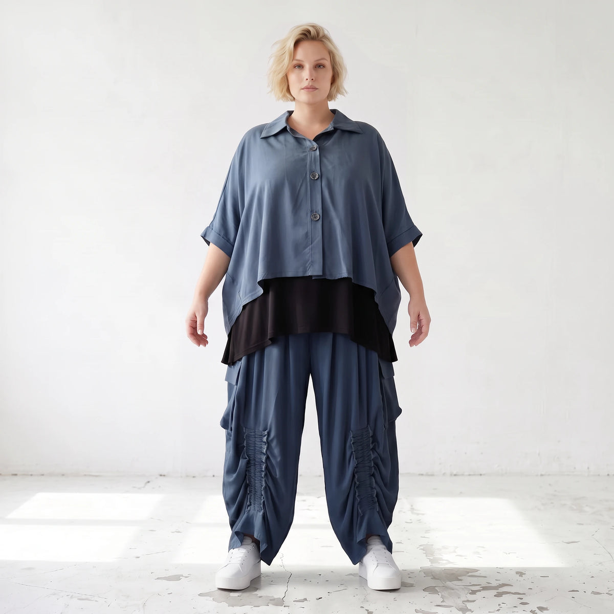 Petrol Bluse aus Lyocelltwill mit Hemdkragen Knopfleiste Rundsaum und 3/4-Arm leicht
