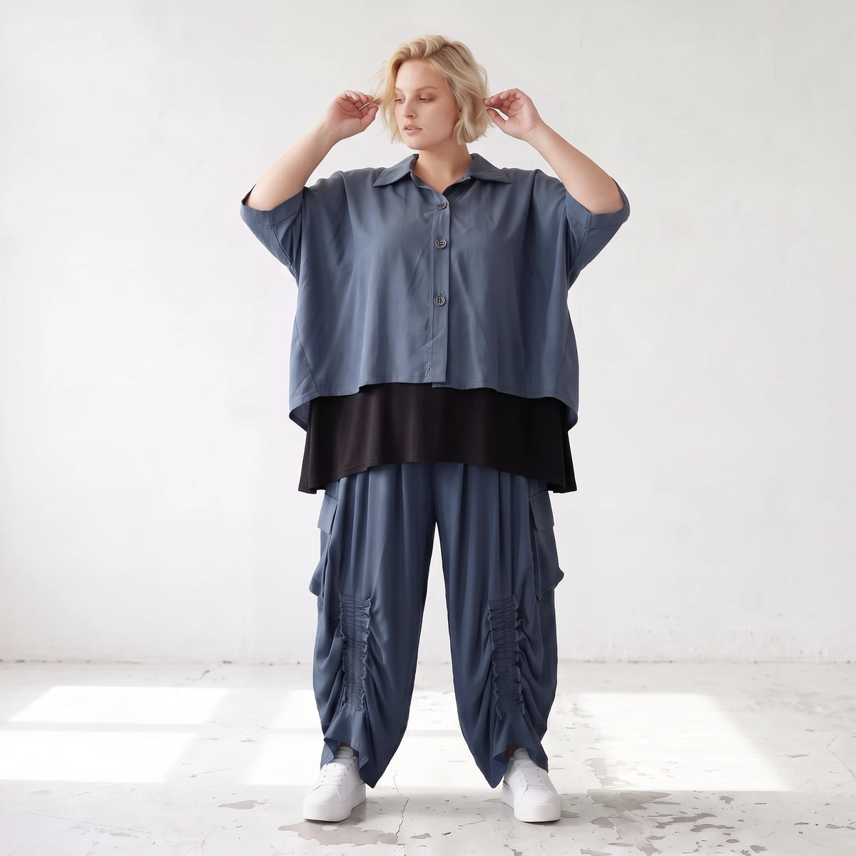 Petrol Bluse aus Lyocelltwill mit Hemdkragen Knopfleiste Rundsaum und 3/4-Arm leicht